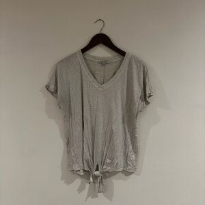 Green Envelope Grey & White Striped Tie-Front V-Neck Tee
